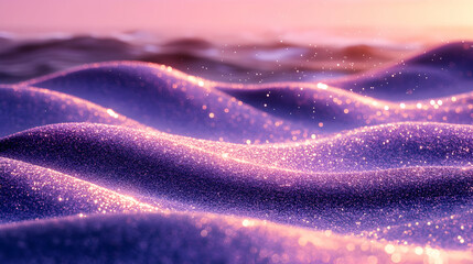 Purple Glitter Waves, Sparkling Abstract Background with Shimmering Texture and Golden Lights