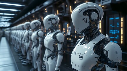 Fototapeta premium Awaiting Activation:Rows of advanced robots stand ready in a futuristic facility, poised for their tasks.