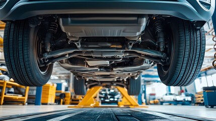 SUV's undercarriage on a hydraulic lift, ready for tire rotation. Automotive maintenance in progress.
