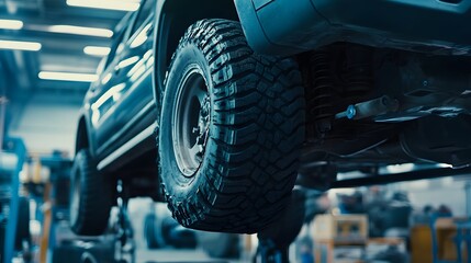SUV Tire Rotation: A Close-Up View of a Powerful All-Terrain Tire, Elevated on a Hydraulic Lift in an Auto Repair Shop. 