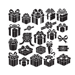 Collection of black silhouette gift boxes with different shapes, bows, and wrapping styles for holiday and celebration designs.