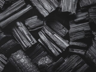 cluster of detailed black charcoal chunks on a dark background.