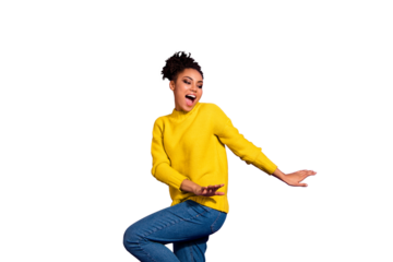 Portrait of charming teenager screaming shouting wear denim jeans sweater isolated over violet background