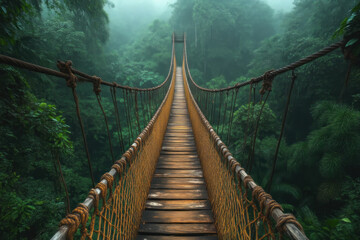 Obraz premium Rope suspension bridge in foggy jungle.
