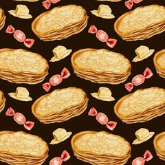 Hot pancakes and pieces butter and red candy seamless pattern on black. Watercolor illustration for packaging, kitchen textiles, napkins, labels.