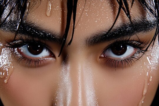 A detailed close-up of lashes casting shadows over the cheekbone in a moody and cinematic style