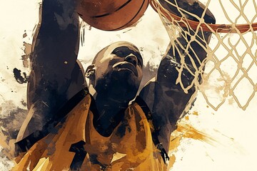 Basketball Player Laying Up Painted Background Mixed