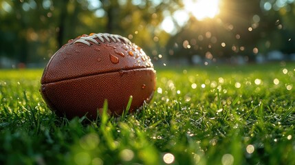 American football on dewy grass in park at sunset.