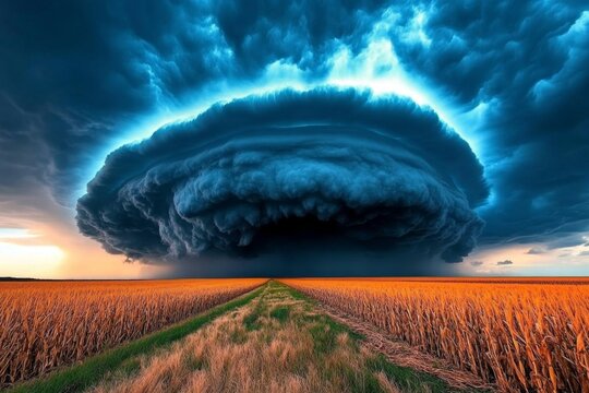 A dramatic shot of a thunderstorm rolling in over a cornfield, with dark clouds and golden stalks creating striking contrast