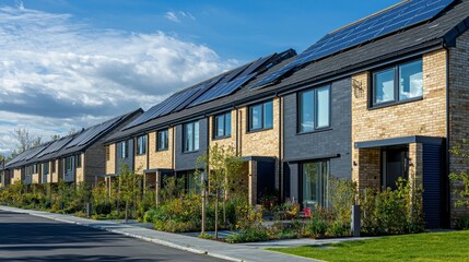 Obraz premium Modern Housing Complex with Solar Panel Roofs Under Bright Blue Skies