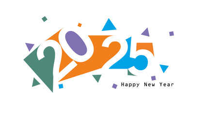 A festive New Year 2025 design featuring bold, colorful 2025 with unique geometric shapes playful triangles and squares and Happy New Year text below for a lively celebration