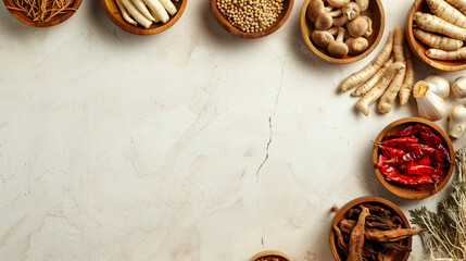 Top view of rare herbal ingredients: ginseng roots, ganoderma mushrooms, and red ginseng on beige wooden dishes. Perfect for health products, alternative medicine, or wellness designs.