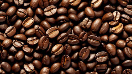Obraz premium Creative coffee banner panorama wallpaper, seamless pattern texture - Top view of brown roasted coffee beans, top view