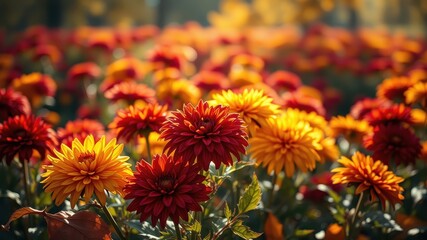 A field of vibrant orange and red chrysanthemums basking in the warm glow of the afternoon sun, showcasing the beauty of autumnal blooms.