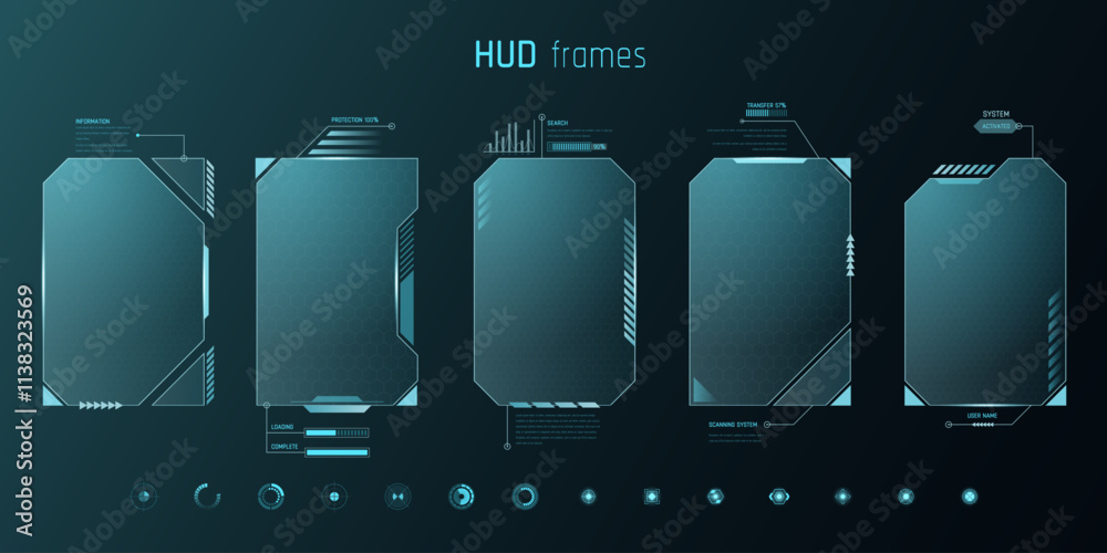 Poster Digital frame. Game HUD interface. Tech video border or UI future screen box. Techno graphic template. Futuristic technology. Virtual hologram dashboard. Vector cyber backgrounds set
