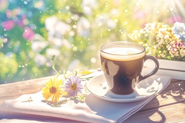 Cozy Coffee Moment in Blooming Outdoor Cafe Setting