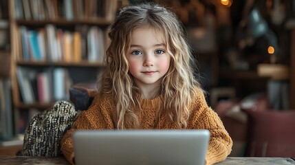 Young Girl Using Tablet in Library Setting