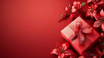 Red background with gift box and flowers, Chinese elements, with copy space