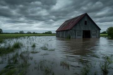 flooded barn in heavy rainfall with stormy sky, rising water, rural landscape, and natural disaster causing dramatic reflections