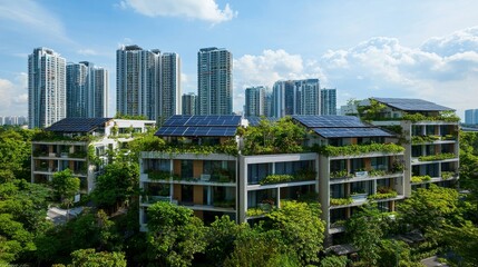 Fototapeta premium Modern Green City with Solar Panel Rooftops and Urban High-Rises