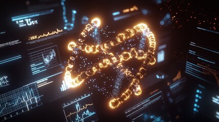 Glowing digital blockchain links form a futuristic currency symbol over dark technology.