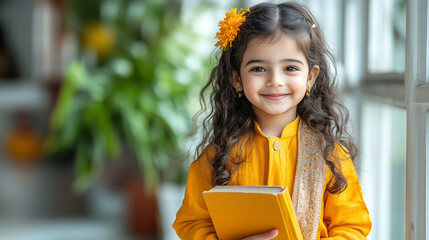 Child in traditional dress smiles with book Basanta Panchami