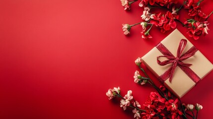 Red background with gift box and flowers, Chinese elements, with copy space