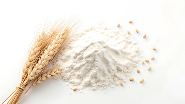 Top view of an integral rye flour pile isolated on a white background. Top view of rye flour isolated on a white background. a heap of whole spelt wheat flour isolated on a white background.