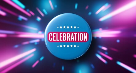 celebration word lettering on a button in digital tech blur background