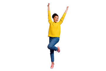 Full length photo of wild youth raise hands arms scream shout wear jeans yellow pullover isolated over purple violet background