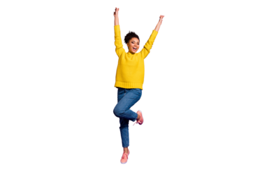 Full length photo of wild youth raise hands arms scream shout wear jeans yellow pullover isolated over purple violet background