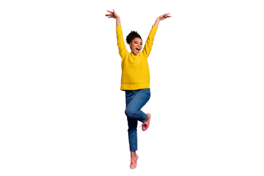 Full body photo of crazy millennial raising hands arms shouting wear stylish trendy outfit isolated over purple violet background - Powered by Adobe