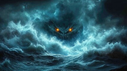 A massive sea monster with glowing eyes emerging from turbulent ocean waves under a stormy night sky © FairValue Stock