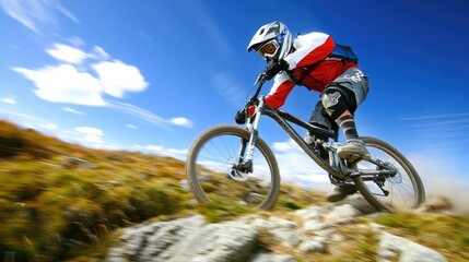 Naklejka premium A mountain biker skillfully navigating rocky terrain under a clear blue sky.