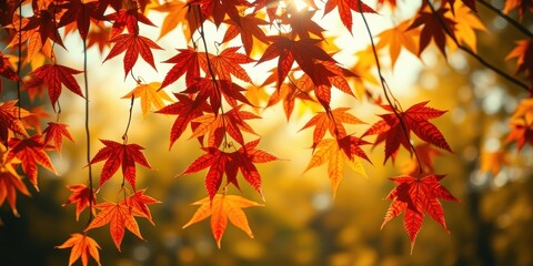 Sun-drenched maple leaves transitioning from vibrant red to golden hues, showcasing the beauty of autumn foliage
