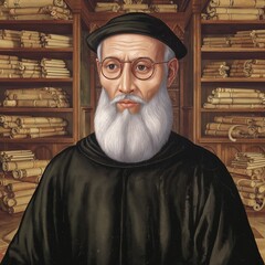 Medieval Monk with White Beard and Glasses in a Library Filled with Ancient Scrolls, Set Against a Historical Atmosphere