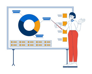 Asian woman manager pointing on pie chart presentation board 2D cartoon character. Female analyst piechart whiteboard isolated person flat vector on white background. Spot illustration colorful