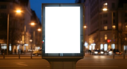 Blank city format Billboard ( LightPoster, CityLight ) banner pylon in in the city center mock-up at night. Blurred background, copy space
