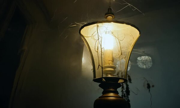 A dimly lit lamp surrounded by cobwebs in a shadowy room.