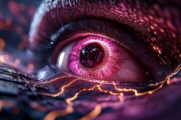 A futuristic digital eye with a glowing pupil surrounded by swirling holographic shadows and intricate neon circuitry