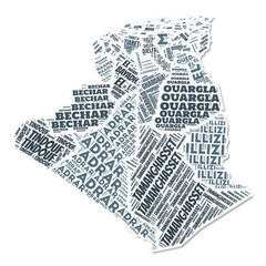 Algeria shape text cloud. Country border with shadow on white background. Algeria with regions division in vintage gazette style. Modern vector illustration.