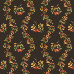 Rowanberry branch with leaves. Autumn floral seamless pattern on dark black background. Watercolor illustration