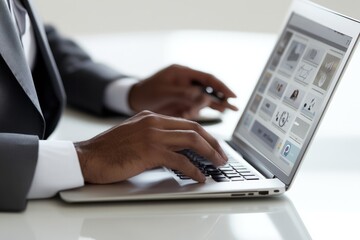 A businessman in a suit uses a laptop to view data, charts, and presentations.