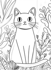 Page de coloriage d&rsquo;un chat entour&eacute; de v&eacute;g&eacute;tation