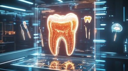 A glowing digital display showing a tooth with visible cavities, surrounded by holographic dental treatment plans and floating instruments designed for toothache relief and decay repair.