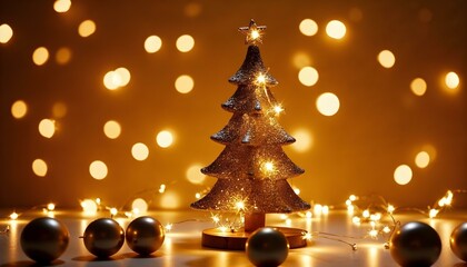 A modern Christmas background with glowing bokeh lights in warm tones, a minimalistic Christmas tree in the center, and golden ornaments scattered stylishly around.