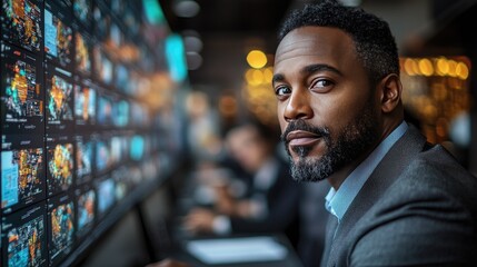 Fototapeta premium A Black man in a suit leads a virtual meeting, engaging with international team members displayed on a large screen in a modern office