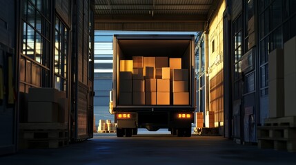 Evening Light Illuminates a Delivery Truck Loaded with Boxes in a Warehouse Setting
