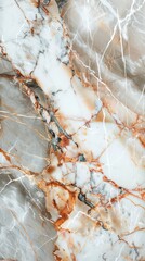 Obraz premium Close-up photo of white marble slab with orange, gold, brown, and black accents. Textured, glossy surface with highlighted veins. Portrait orientation.