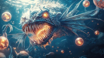 A monstrous anglerfish-like creature with razor-sharp teeth in the deep ocean, surrounded by glowing orbs
